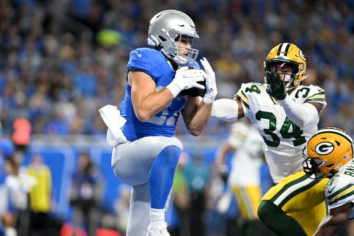 Lions tight end Sam LaPorta caught five passes for 47 yards and a touchdown against the Lions on Thanksgiving.